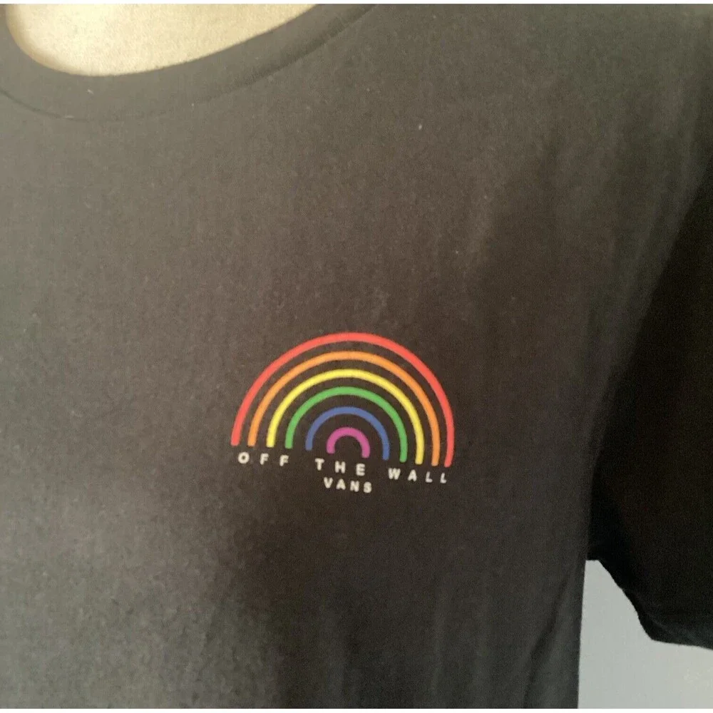 Vans Women’s Black T-Shirt With Pride Rainbow On Chest Short Sleeves Size XL - Picture 4 of 6